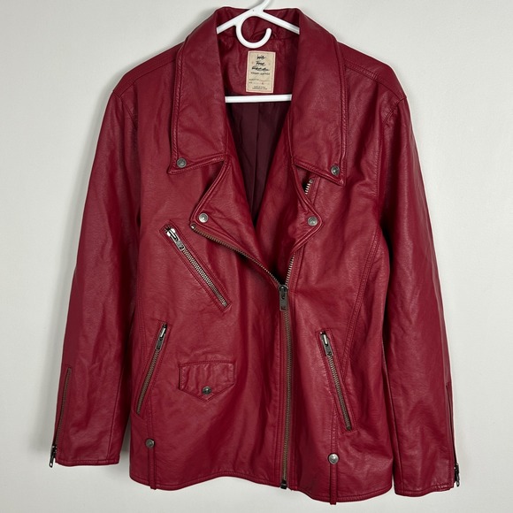 Free People Vegan Leather Jacket Moto Biker Womens Size Large Rhubarb Red Boho - Picture 2 of 16